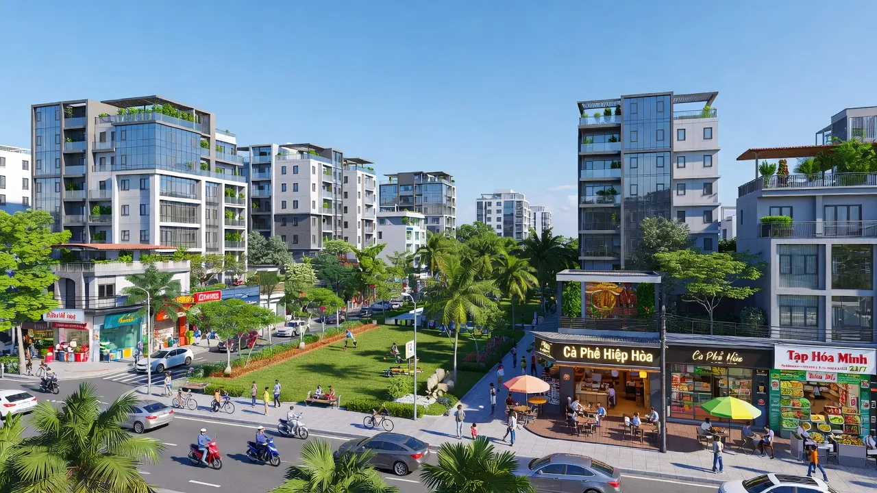 Cảnh quan hiện đại Phường Hiệp Hòa, Thành phố Biên Hòa, với nhà cửa, không gian xanh, và cuộc sống nhộn nhịp.
