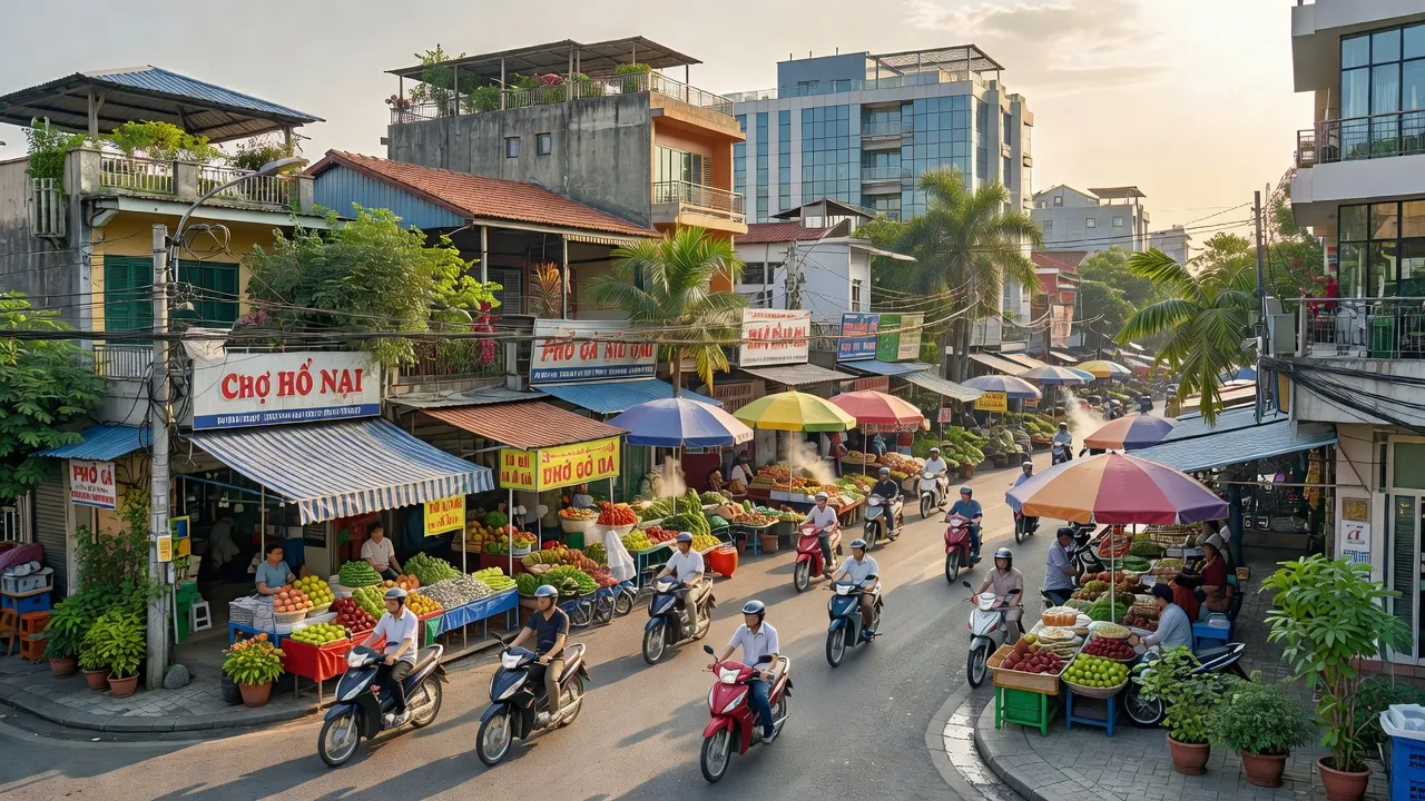 Phường Hố Nai, Biên Hòa, Đồng Nai với phố xá nhộn nhịp và không gian xanh mát.