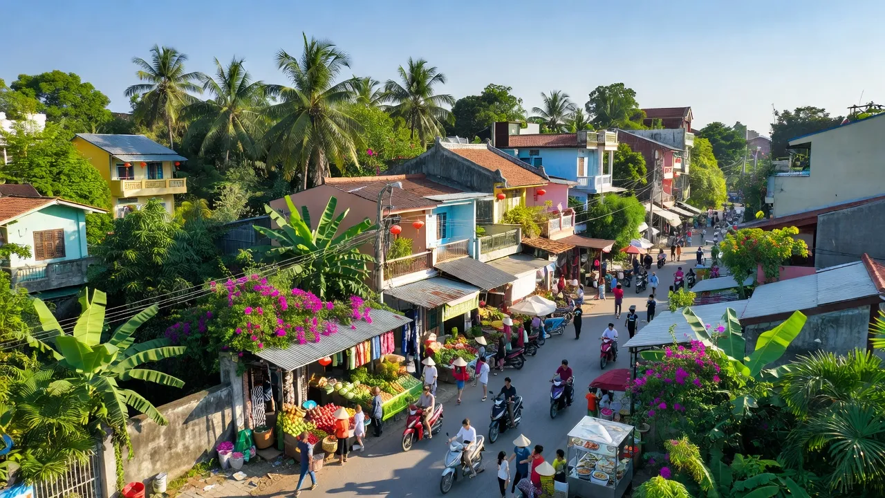 Khung cảnh Phường Phước Tân, Biên Hòa với cây xanh, kiến trúc địa phương và hoạt động chợ