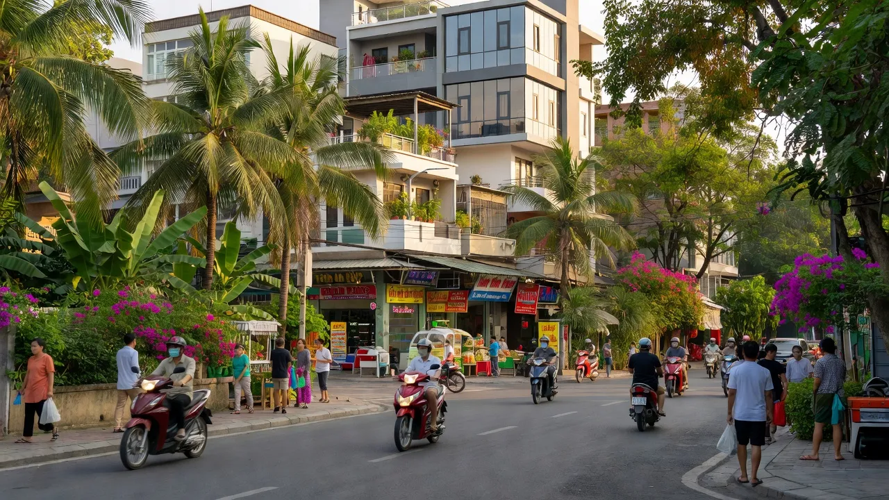 Cảnh sống sôi động ở Phường Tam Hiệp, Biên Hòa, Đồng Nai với cư dân và cây cối.