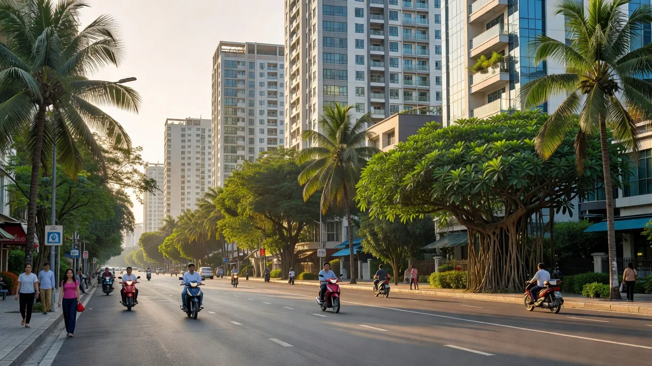 View of Tam Phuoc ward, Bien Hoa city, Dong Nai with houses, trees, and urban development.