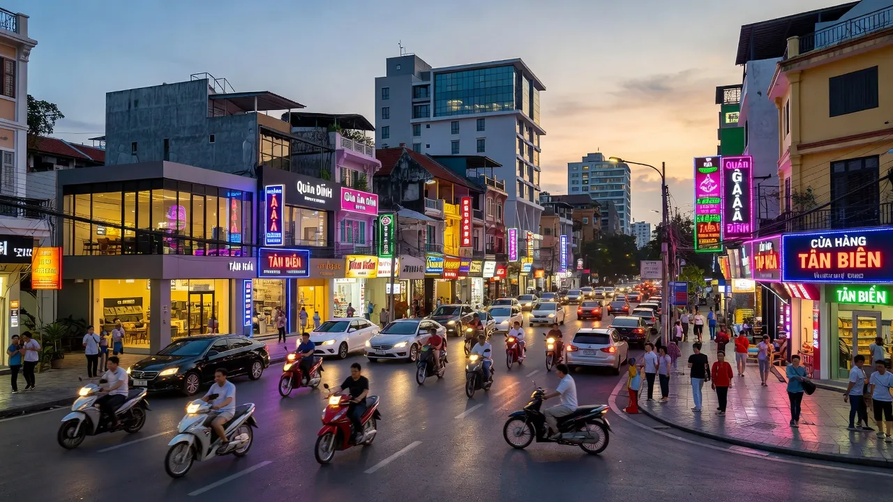 Cảnh quan nhộn nhịp phường Tân Biên, Thành phố Biên Hòa, với các cửa hàng và hoạt động kinh doanh sôi động.