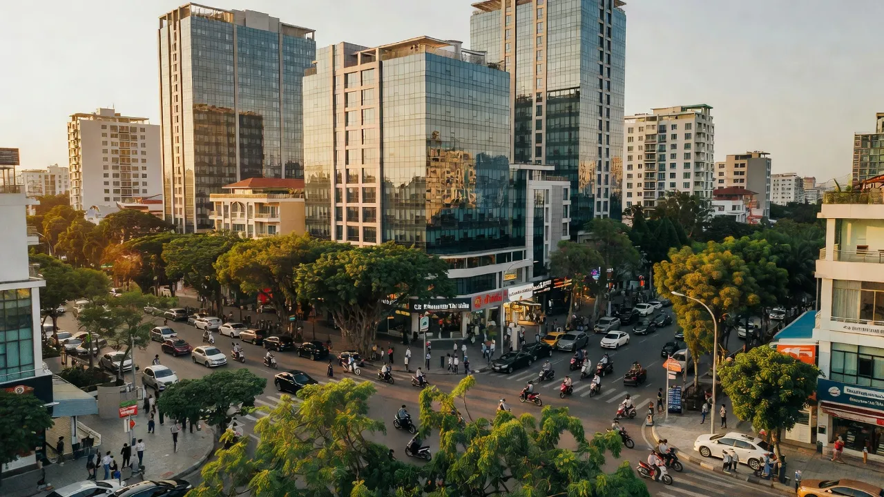 Khung cảnh phường Tân Biên, Biên Hòa, Đồng Nai với tòa nhà thương mại và nhiều cây xanh.