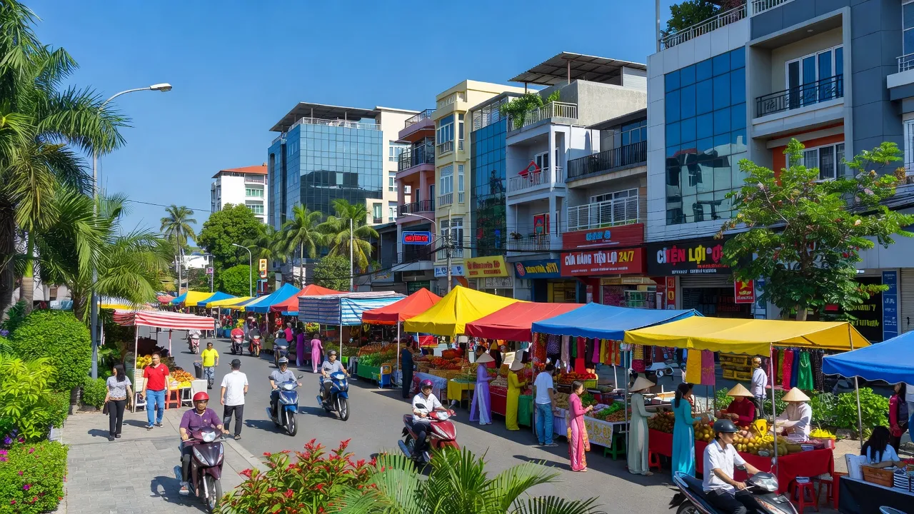Cảnh sắc sôi động tại Phường Tân Hiệp, Thành phố Biên Hòa, đặc trưng thương mại và cuộc sống đô thị.