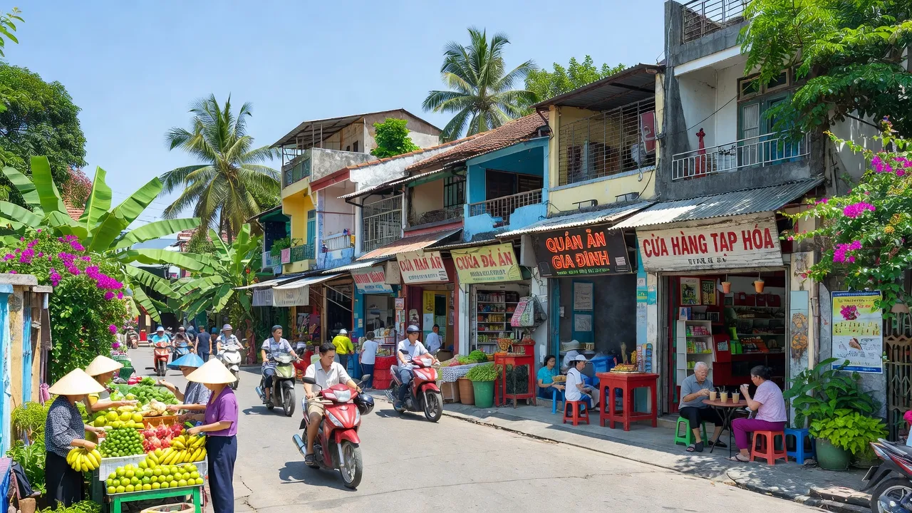 Khung cảnh phố Tân Hòa, Biên Hòa với cửa hàng địa phương và cây xanh tươi tốt.