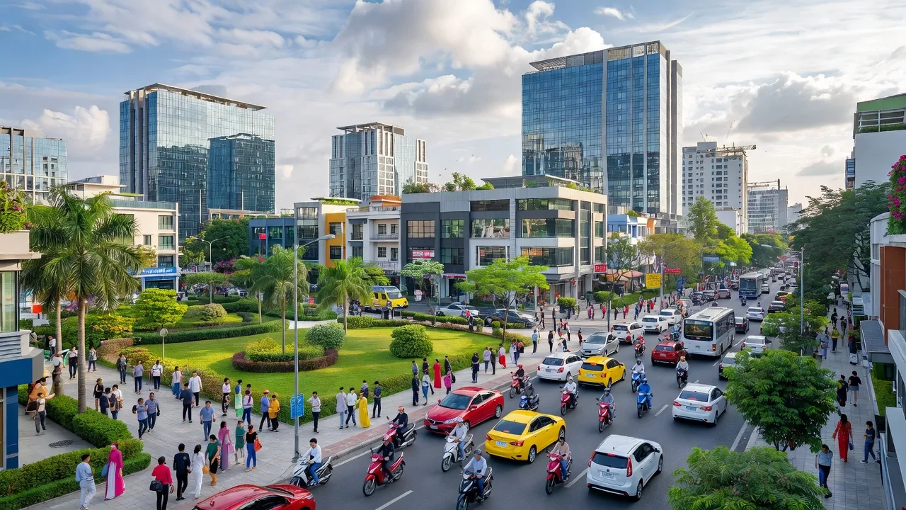 Khung cảnh đô thị Phường Tân Phong, Biên Hòa, Đồng Nai với nhịp sống sôi động và hiện đại.