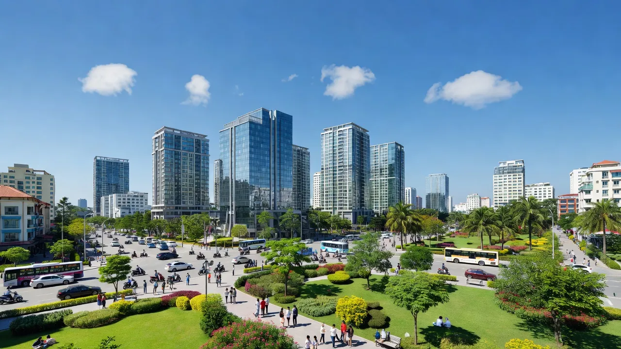Khung cảnh đô thị sôi động của Phường Tân Phong, Thành phố Biên Hòa, với nhà cửa và công viên
