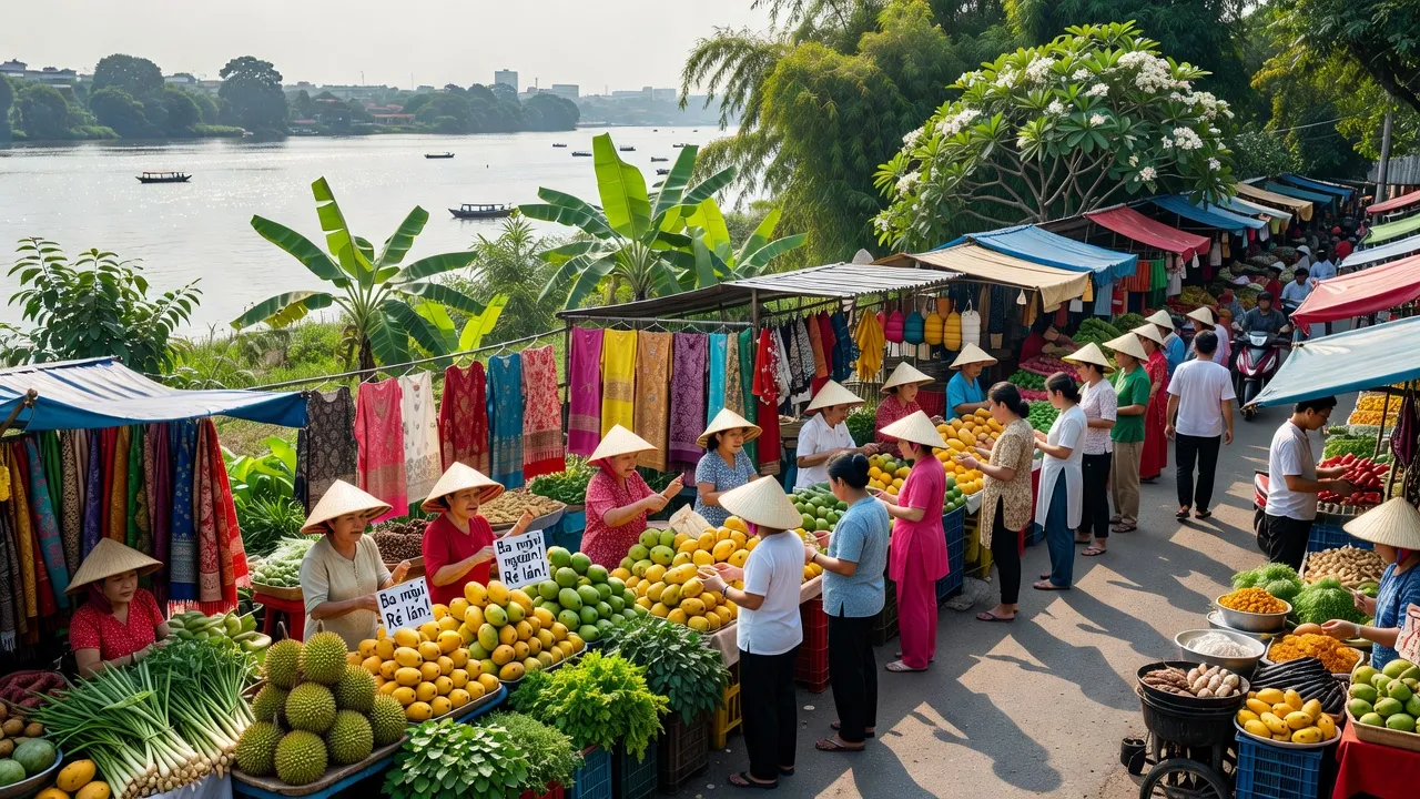 Cảnh nhộn nhịp tại Phường Tân Vạn, Biên Hòa, Đồng Nai, với gian hàng và hoạt động thương mại sôi nổi.