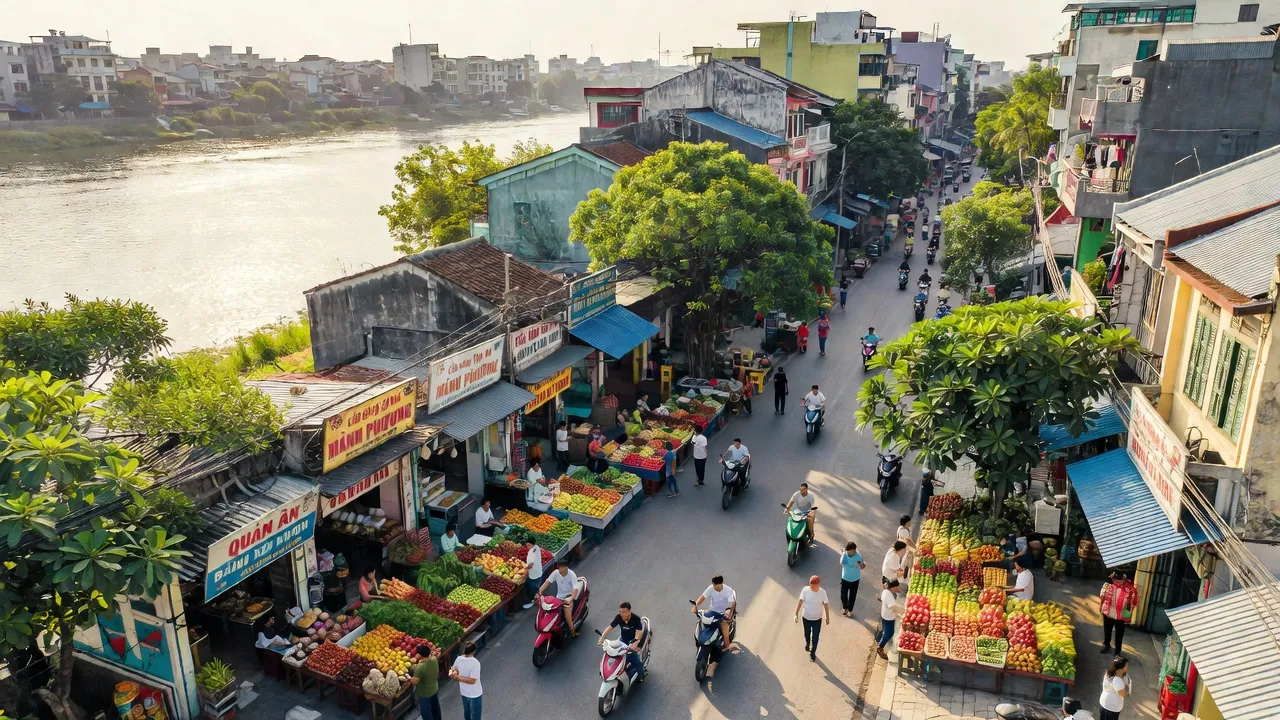 Phường Tân Vạn, Biên Hòa, Đồng Nai với cảnh đông đúc chợ và sông Đồng Nai.