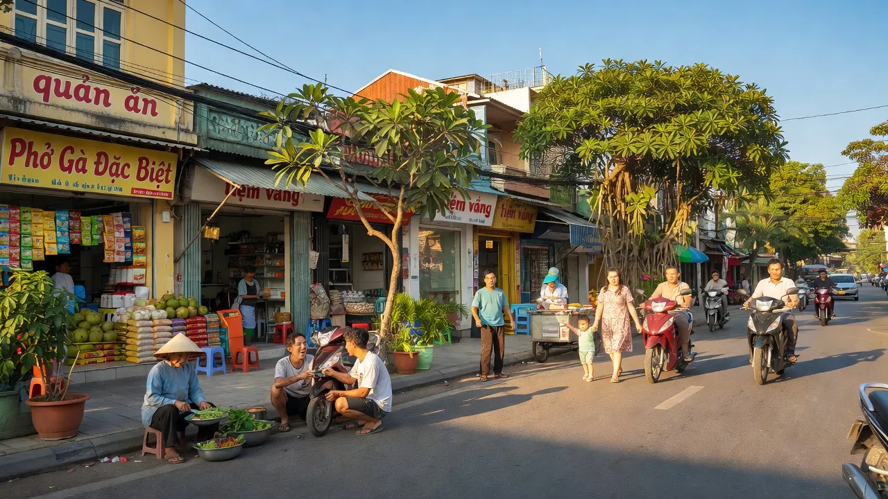 Khung cảnh sôi động tại Phường Trung Dũng, Thành phố Biên Hòa, Đồng Nai, với người dân và hàng quán.