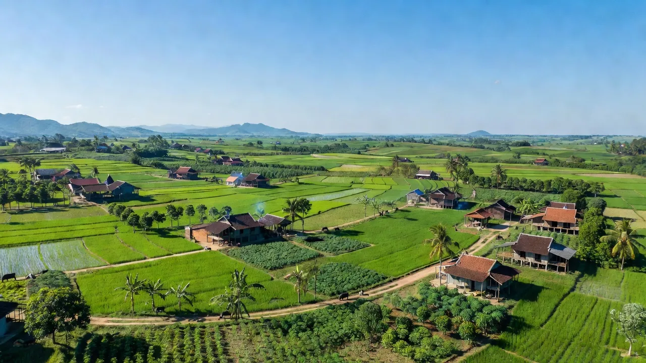 Khung cảnh huyện Cẩm Mỹ, Đồng Nai với cánh đồng xanh tươi và làng quê yên bình.