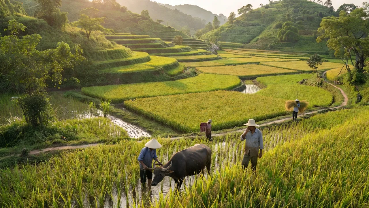 Khung cảnh xã Bảo Bình, huyện Cẩm Mỹ, Đồng Nai với đồi núi và đồng ruộng xanh tươi.