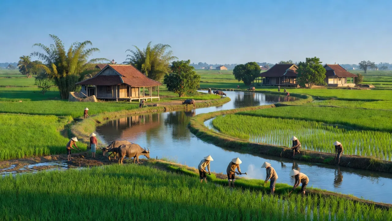 Cảnh đẹp xã Sông Nhạn, huyện Cẩm Mỹ, Đồng Nai, với cánh đồng xanh và dòng sông uốn lượn.