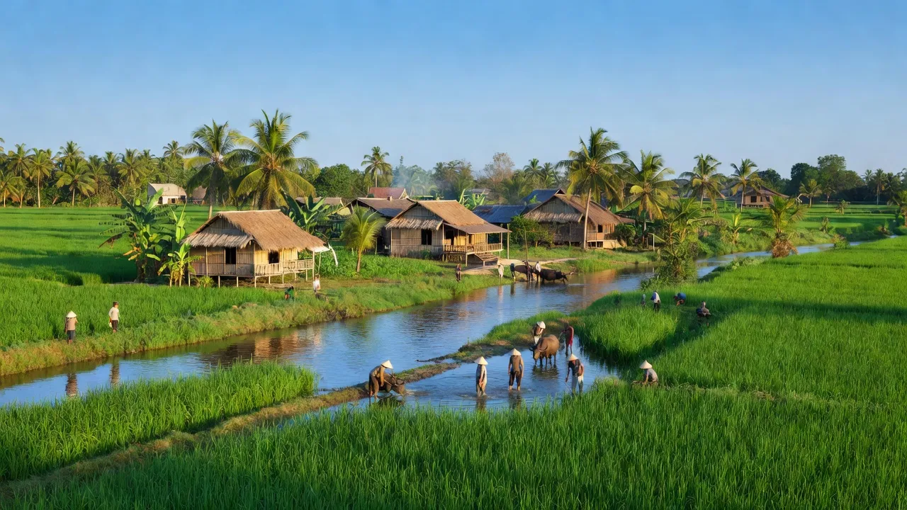 Cảnh đẹp xã Sông Nhạn, huyện Cẩm Mỹ, Đồng Nai với sông và ruộng lúa xanh tươi.