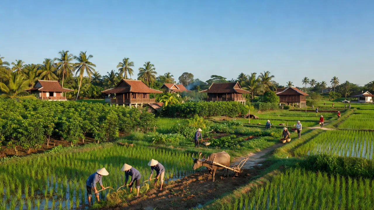Khung cảnh yên bình ở xã Sông Ray, huyện Cẩm Mỹ, tỉnh Đồng Nai với nhà truyền thống và thiên nhiên.
