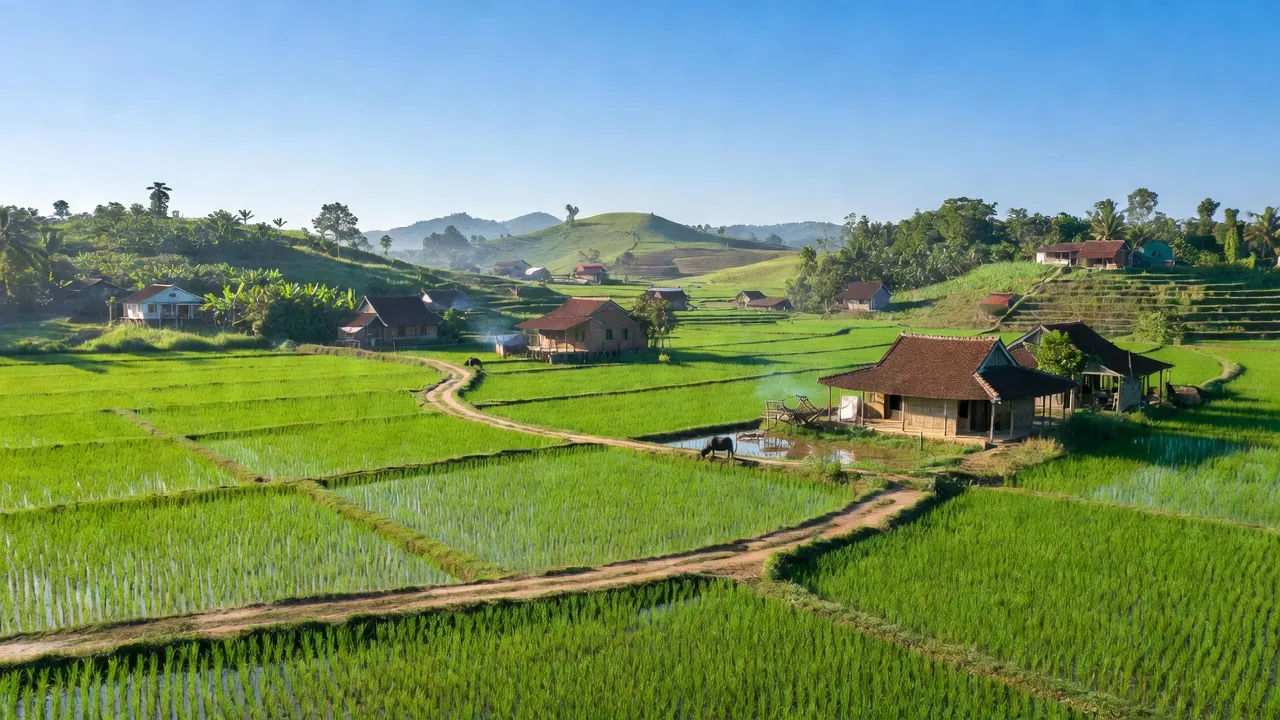 Phong cảnh Xã Sông Ray, Huyện Cẩm Mỹ, Đồng Nai với cánh đồng xanh tươi và nhà cửa truyền thống.