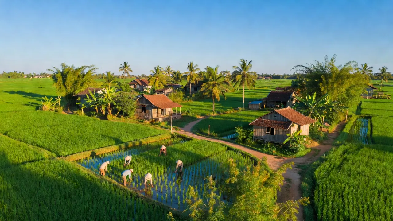 Khung cảnh nông thôn xã Xuân Bảo, huyện Cẩm Mỹ, tỉnh Đồng Nai với ruộng xanh và người dân làm việc.