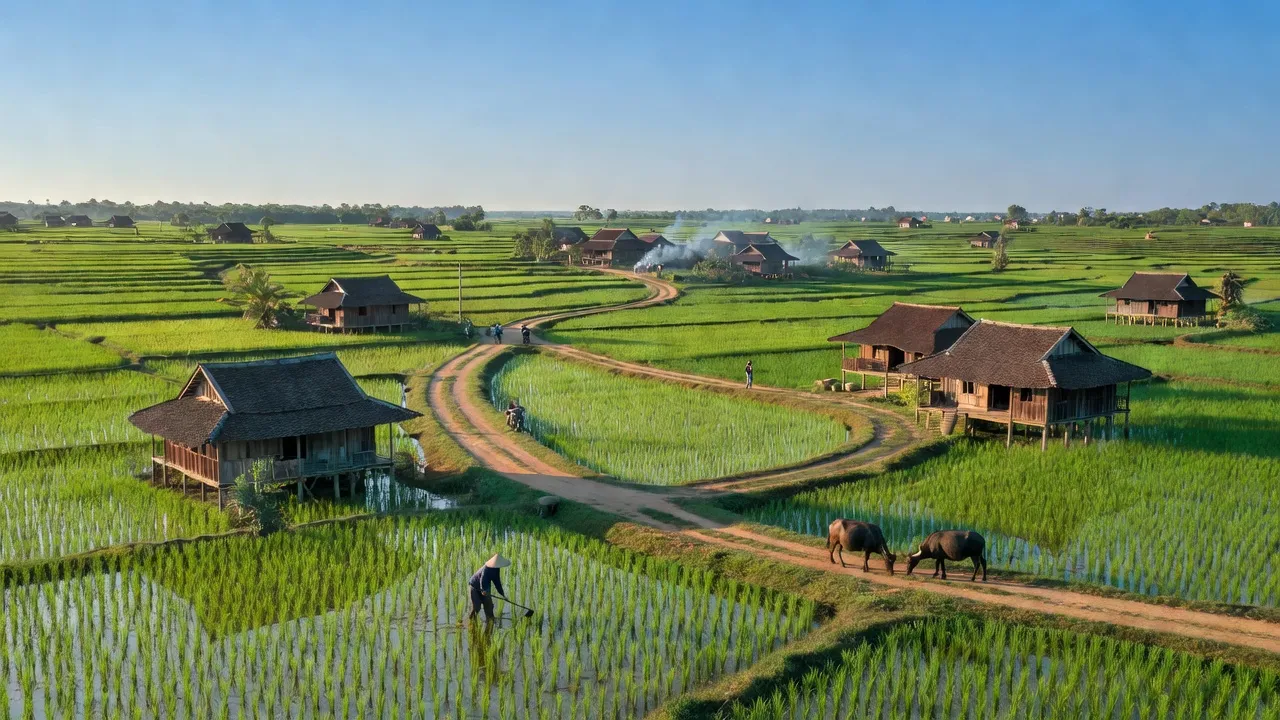 Khung cảnh xanh tươi của xã Xuân Bảo, huyện Cẩm Mỹ, tỉnh Đồng Nai, với ruộng bậc thang và nhà truyền thống.