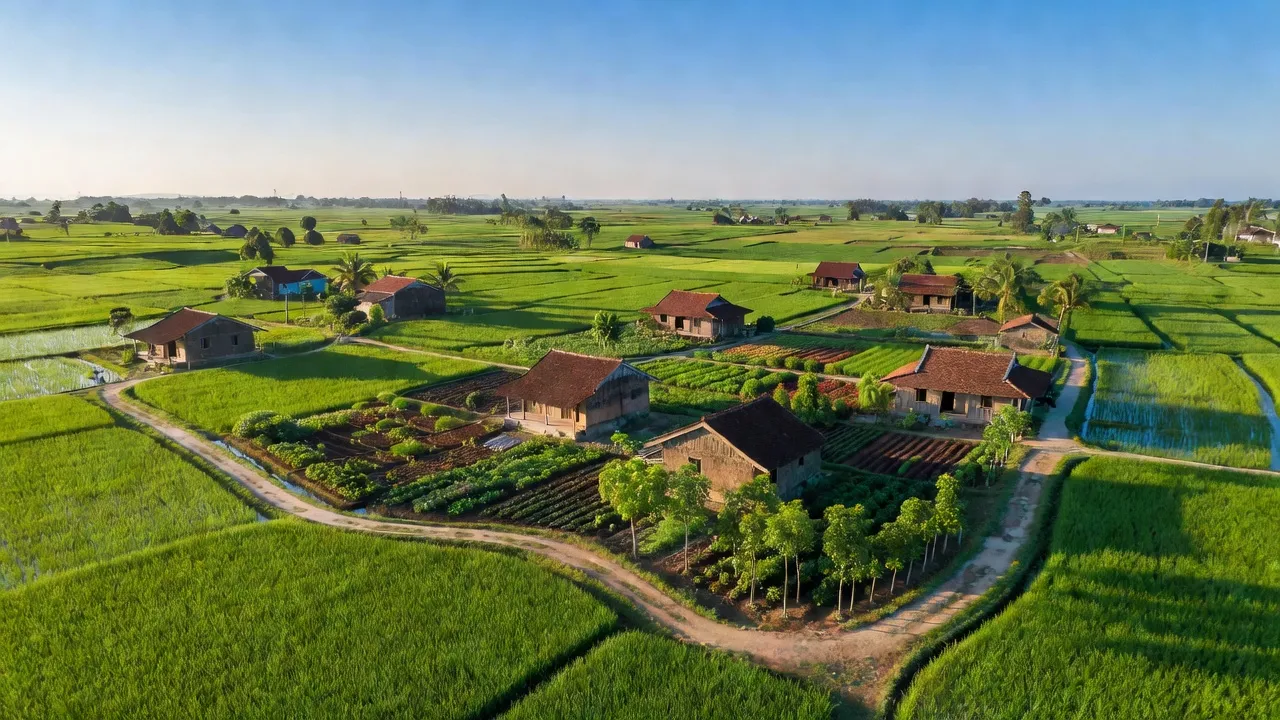 Xuân Đường village in Cẩm Mỹ, Đồng Nai with green fields and traditional houses, showcasing rural beauty.