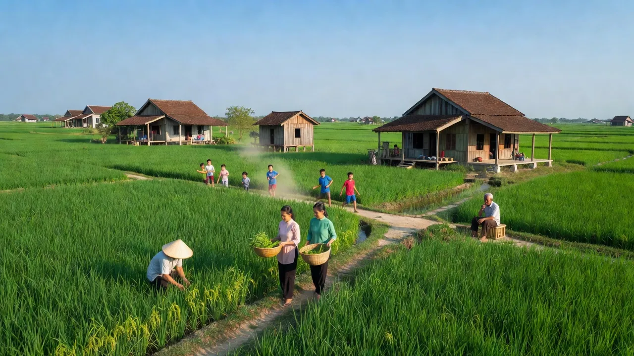 Khung cảnh làng Xuân Mỹ, huyện Cẩm Mỹ, Đồng Nai với cánh đồng xanh mát và nhà truyền thống.