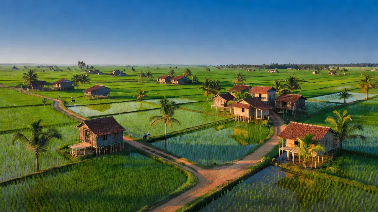 Khung cảnh tươi đẹp Xã Xuân Quế, Huyện Cẩm Mỹ, Đồng Nai, với cánh đồng xanh và nhà cửa địa phương.