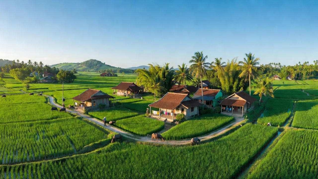 Quang cảnh đẹp Xã Xuân Tây huyện Cẩm Mỹ, tỉnh Đồng Nai với cánh đồng xanh và kiến trúc rural.