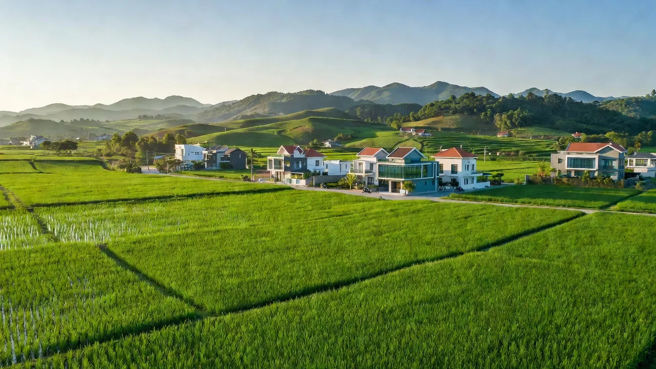 Xã Xuân Tây, Cẩm Mỹ, Đồng Nai với cánh đồng xanh, nhà hiện đại và bầu không khí thân thiện.