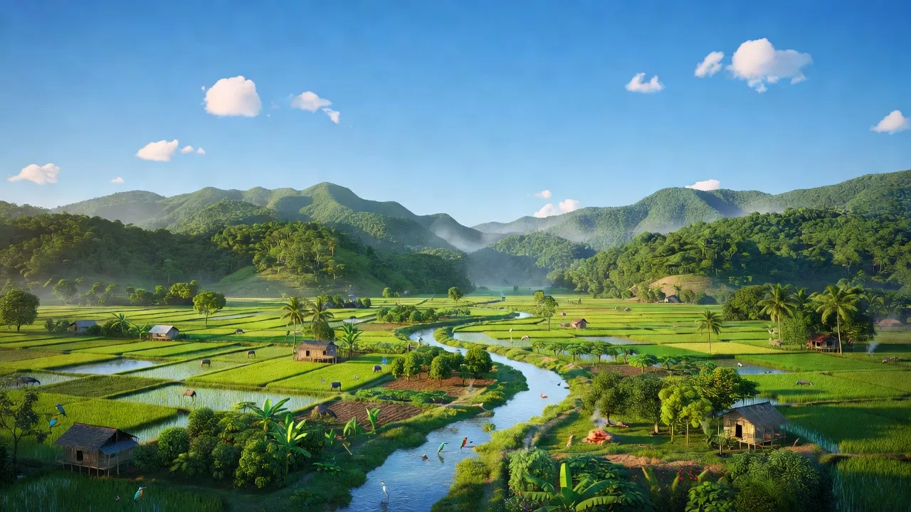Cảnh quan huyện Định Quán, Đồng Nai với núi xanh, bầu trời trong và thiên nhiên phong phú.