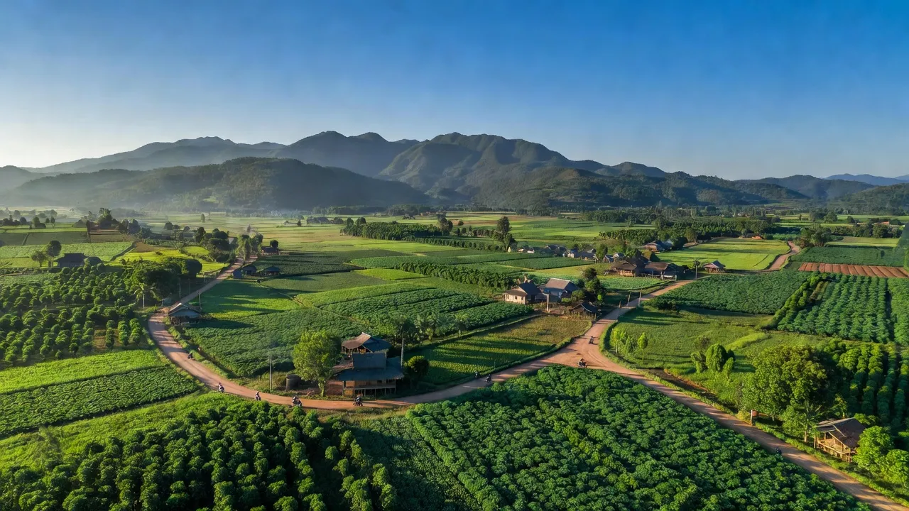 Khung cảnh bình yên ở Xã Gia Canh, Huyện Định Quán, Đồng Nai, với ruộng đồng và núi.