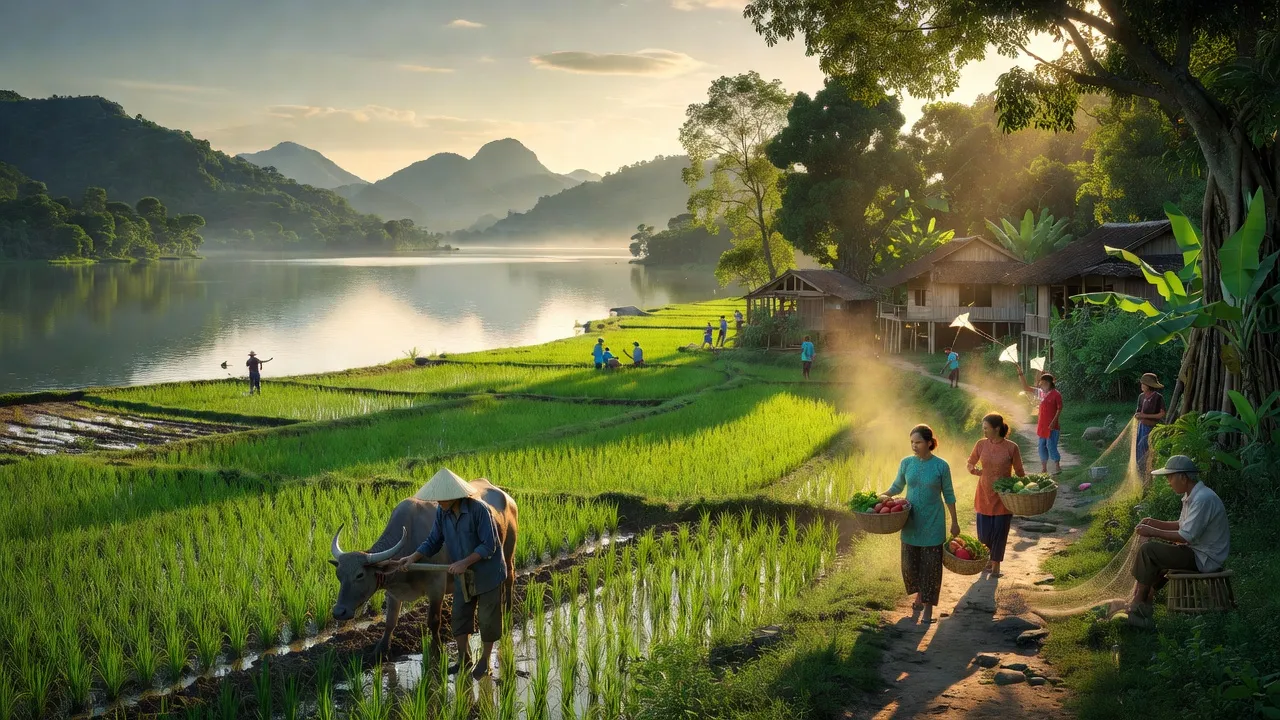 Khung cảnh thiên nhiên La Ngà, Định Quán, Đồng Nai với cánh đồng xanh và hồ nước đẹp.