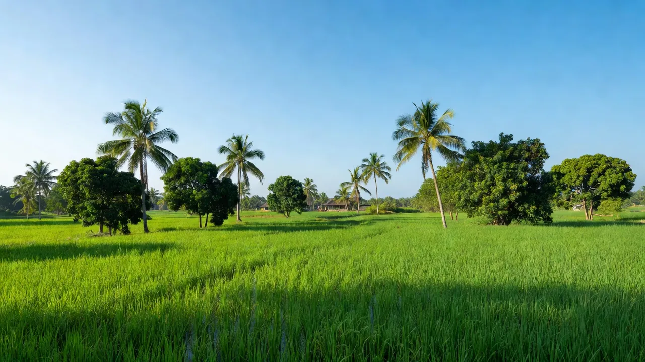 Khung cảnh yên bình tại Xã Phú Cường, Huyện Định Quán, Tỉnh Đồng Nai với cánh đồng xanh tươi.
