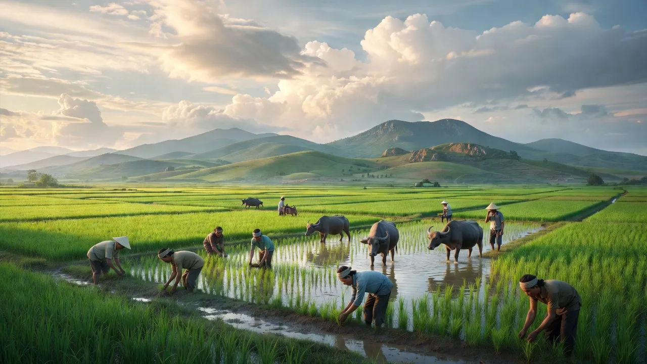 Phú Cường, Định Quán, Đồng Nai: cánh đồng xanh, nông dân làm việc, bầu trời nhiều mây.