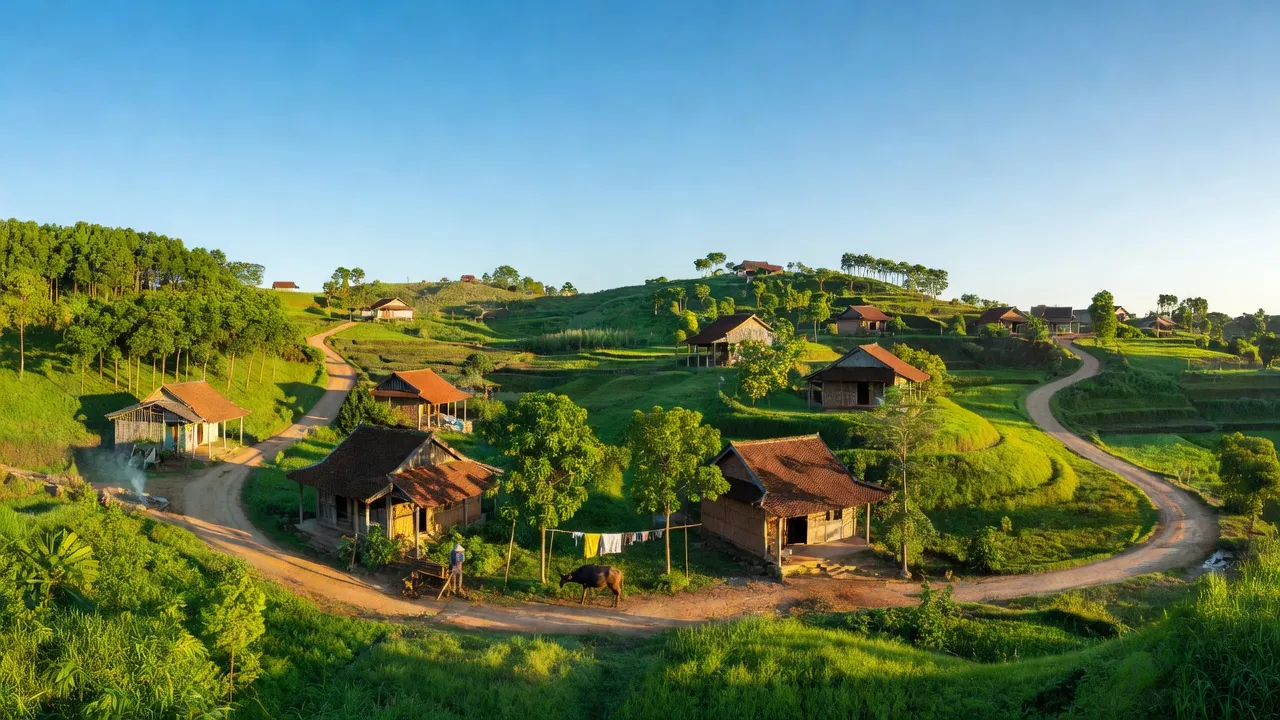 Cảnh quan xã Phú Hòa, huyện Định Quán, tỉnh Đồng Nai với nhà truyền thống và thiên nhiên xanh tươi.