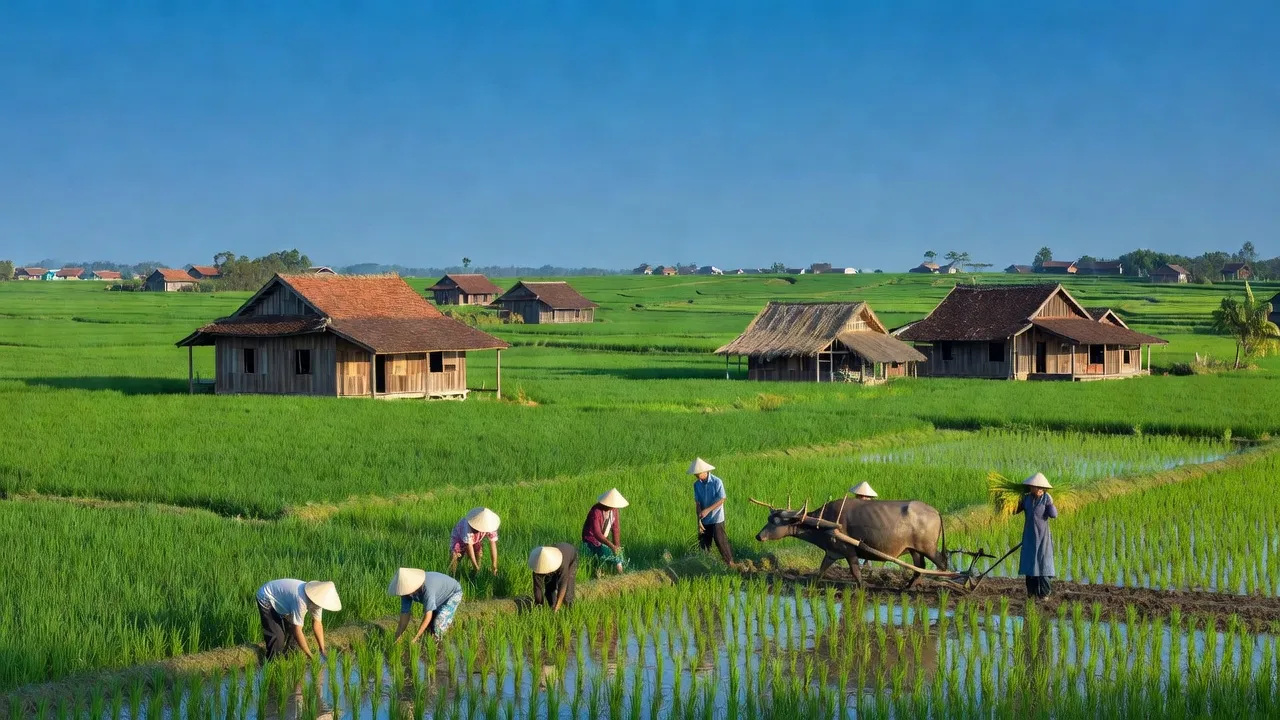 Cảnh quan nông thôn xã Phú Tân, huyện Định Quán, Đồng Nai với cánh đồng xanh và nhà dân.