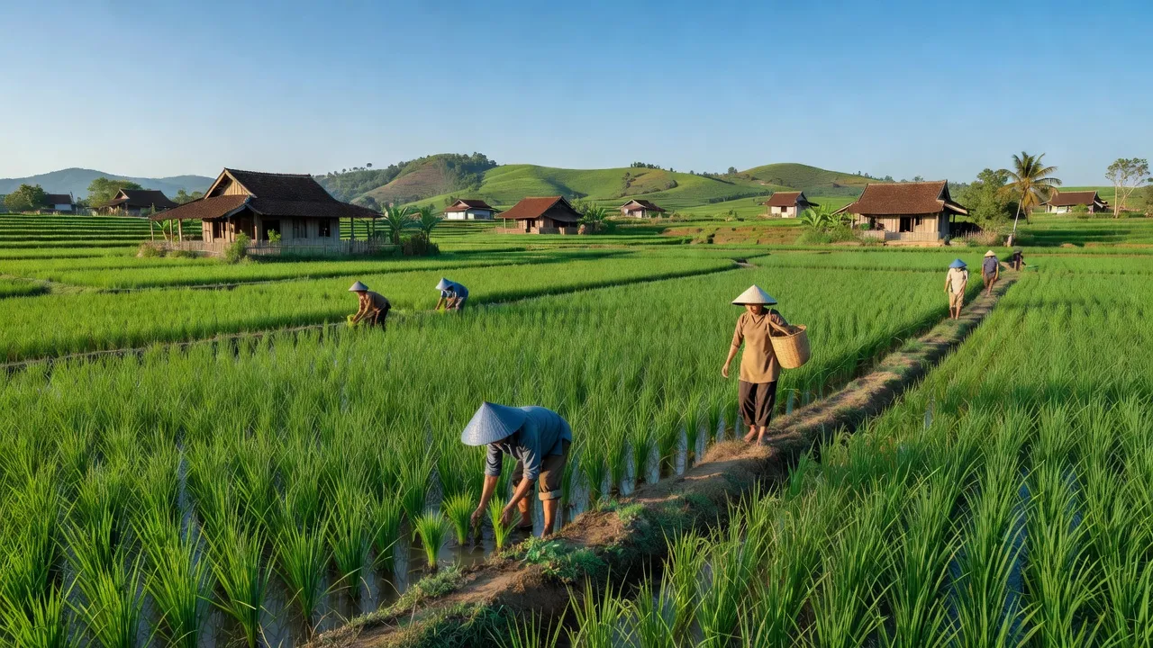 Cảnh đẹp nông thôn Xã Phú Túc, Đồng Nai với cánh đồng xanh và nhà truyền thống.