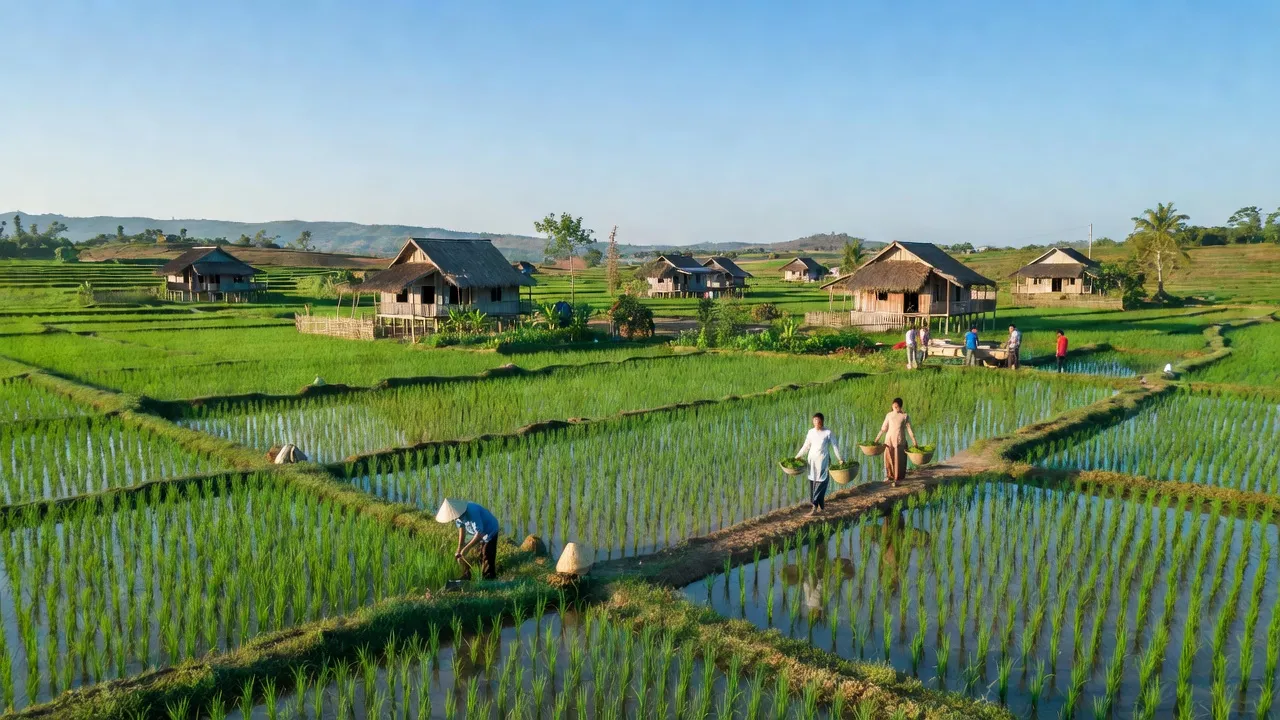 Khung cảnh nông thôn xã Phú Túc, huyện Định Quán, tỉnh Đồng Nai với cánh đồng xanh và nhà truyền thống.