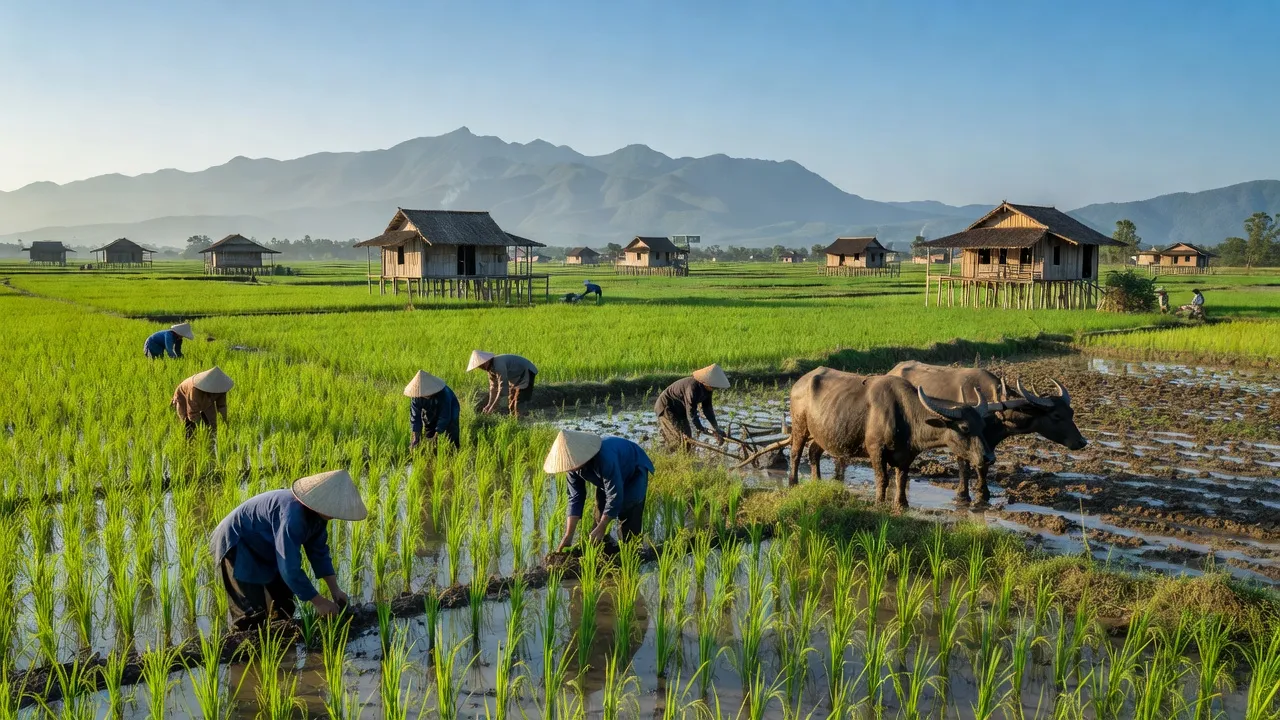 Cảnh sắc vùng nông nghiệp Xã Suối Nho, huyện Định Quán, tỉnh Đồng Nai với đồng xanh và núi.