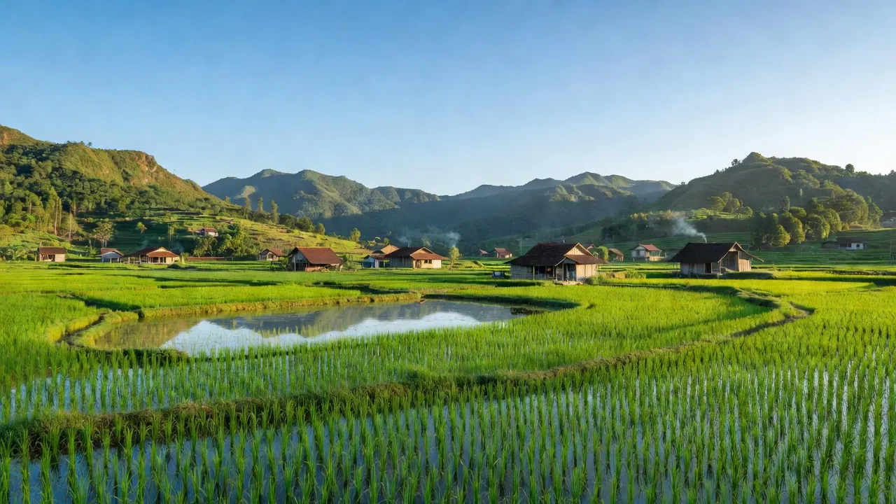 Khung cảnh bình yên ở xã Suối Nho, huyện Định Quán, tỉnh Đồng Nai, với ruộng xanh và núi.