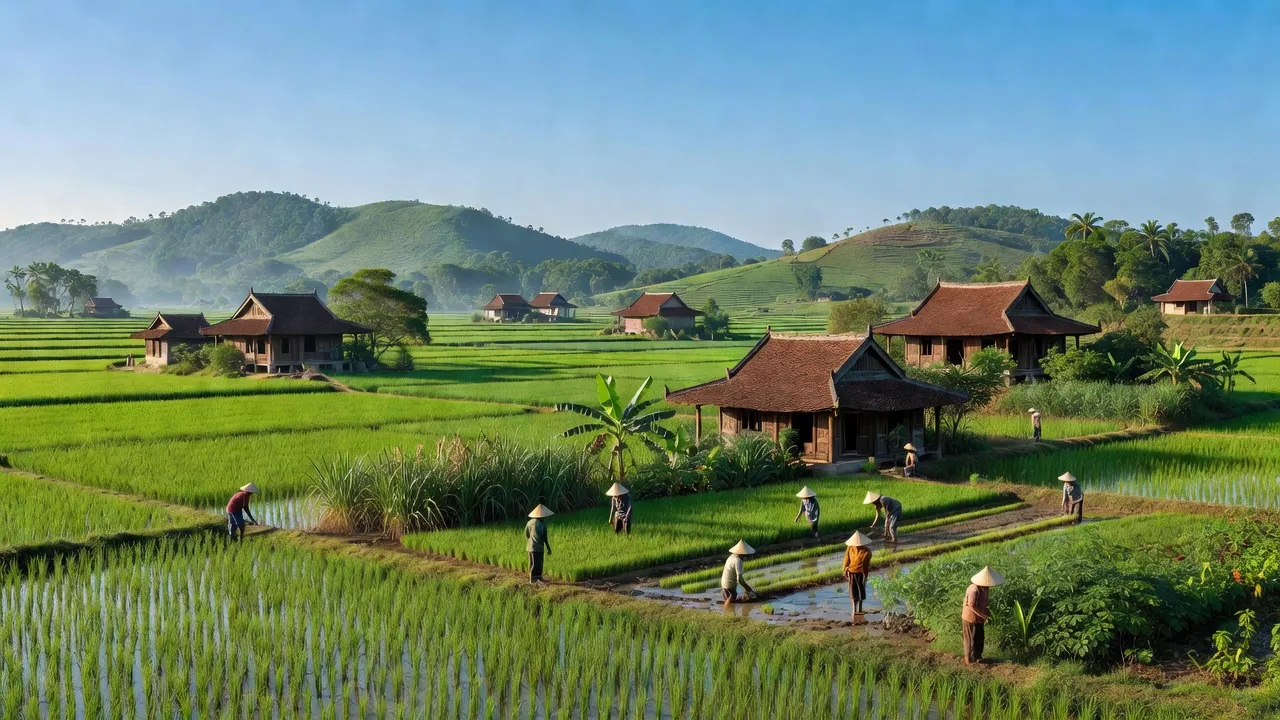 Cảnh đẹp xã Túc Trưng, huyện Định Quán, Đồng Nai với cánh đồng xanh, nhà truyền thống và nông dân làm việc.