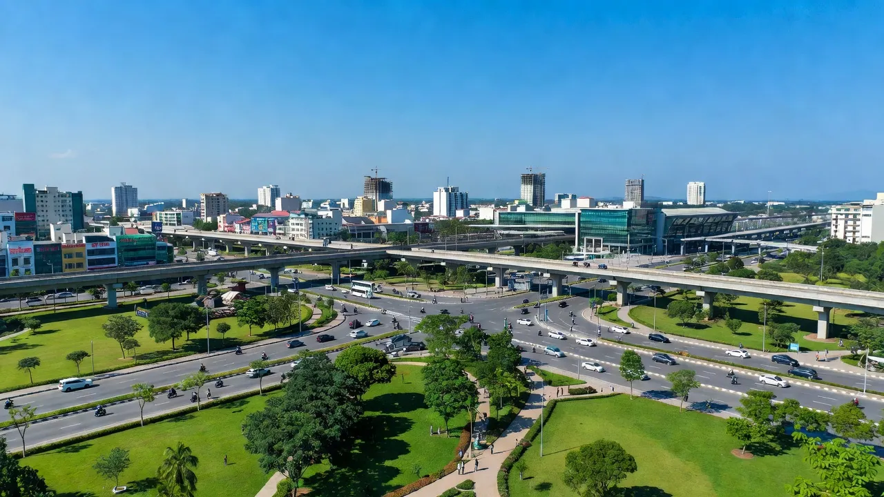 Khung cảnh thành phố Long Khánh, Đồng Nai với kiến trúc hiện đại và công viên xanh, giao thông nhộn nhịp.