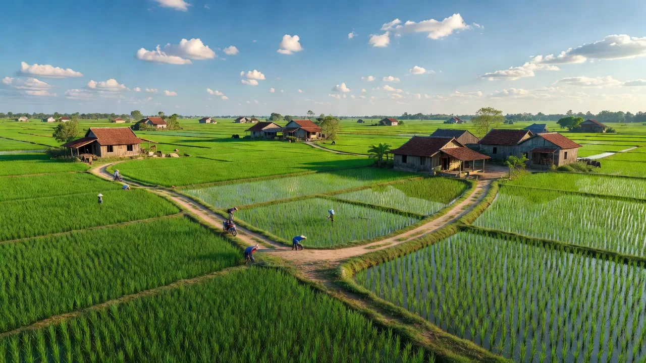 Bảo Quang village in Long Khánh, Đồng Nai with rice fields, traditional houses, and clear skies.
