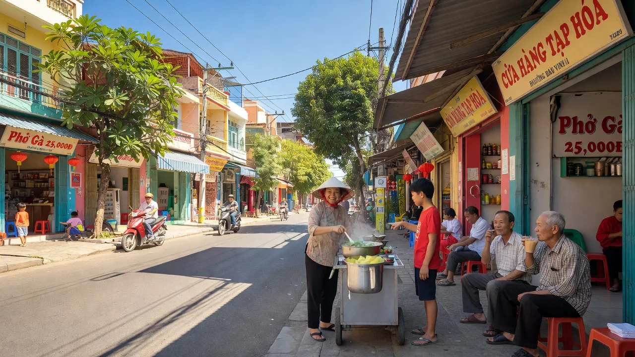 Cảnh đường phố sôi động tại Phường Bảo Vinh, Long Khánh, Đồng Nai với sự sống động của cộng đồng.