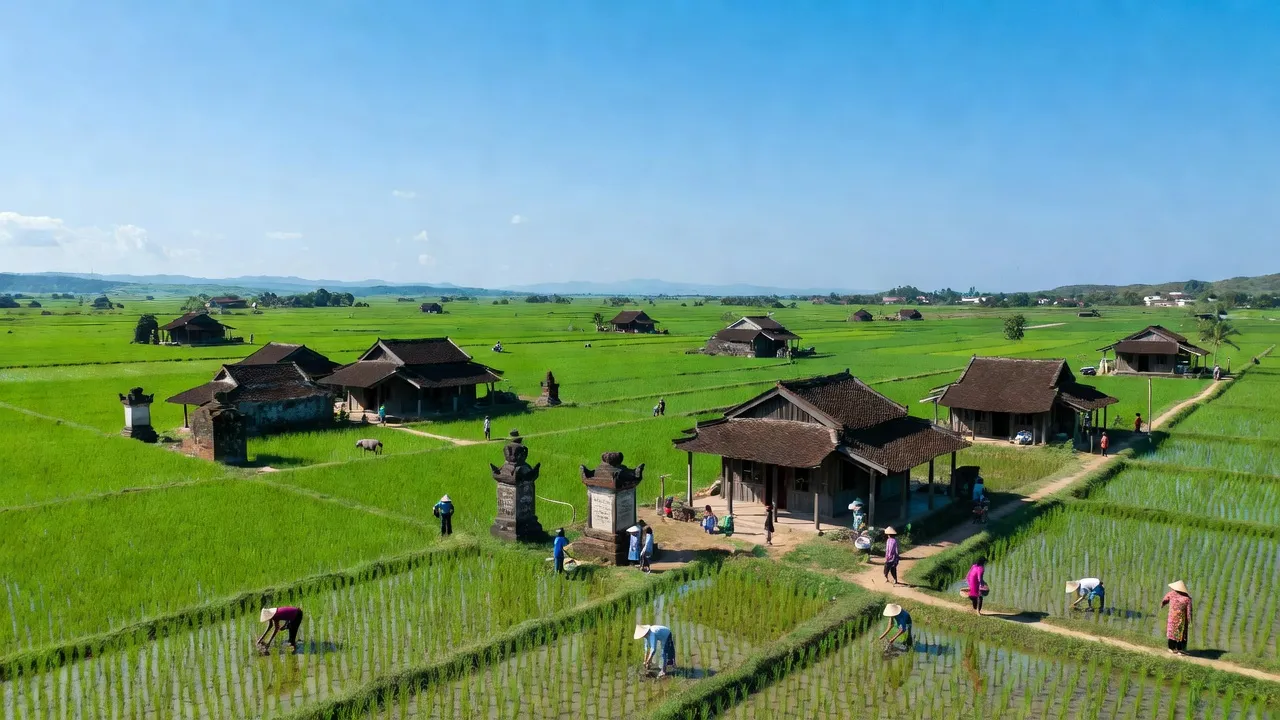 Cảnh đẹp xã Bàu Trâm, Thành phố Long Khánh, Tỉnh Đồng Nai, với các cánh đồng xanh và di tích lịch sử.