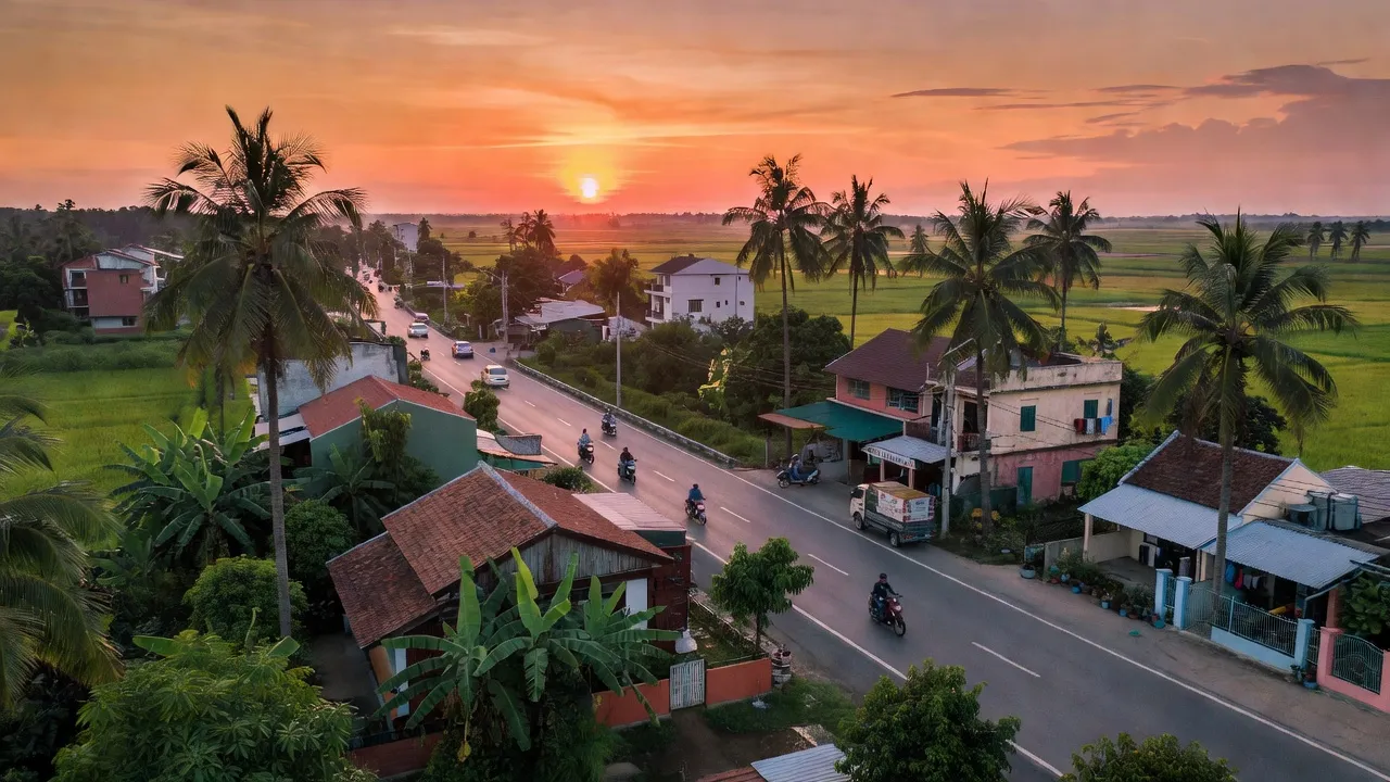 Cảnh đẹp Phường Phú Bình, Long Khánh, Đồng Nai với ánh sáng hoàng hôn và đường QL1A.