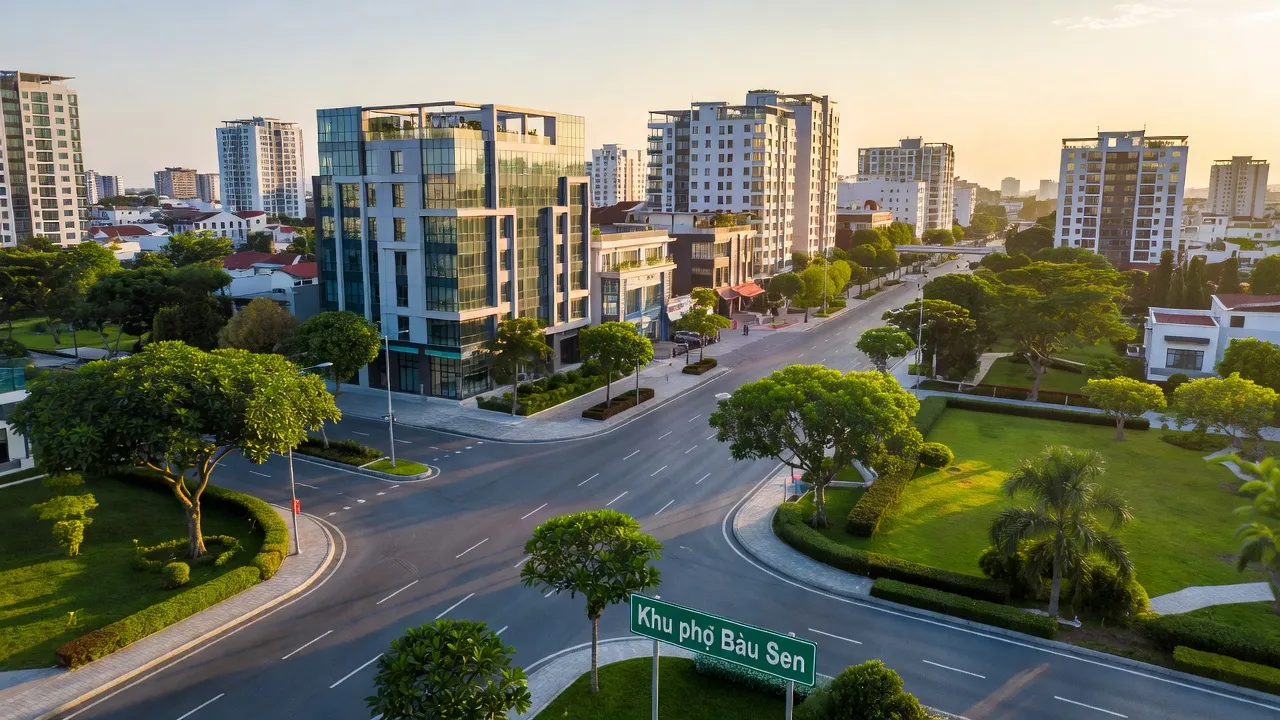 Khung cảnh Phường Xuân Lập, Long Khánh với cây xanh, tòa nhà hiện đại và con đường rộng