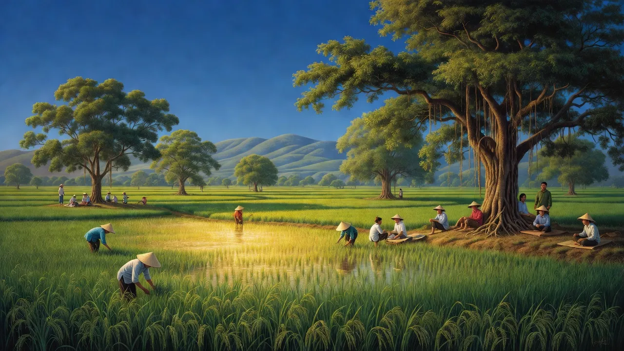 Cảnh sắc bình yên tại xã Bình An, huyện Long Thành, Đồng Nai với cánh đồng xanh và bầu trời trong.