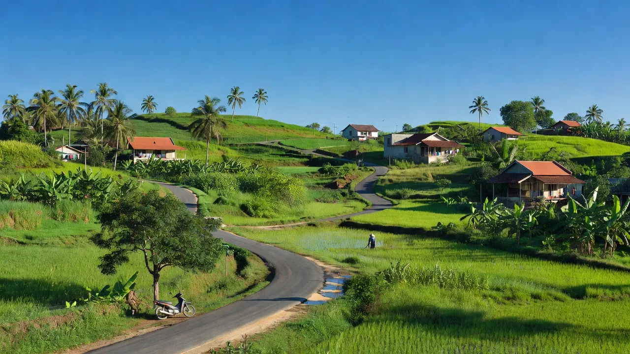 Cảnh sắc tươi đẹp xã Bình Sơn, huyện Long Thành, tỉnh Đồng Nai, thể hiện vẻ đẹp nông thôn và giao thông.