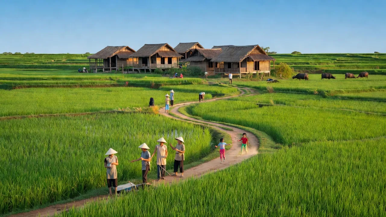 Khu vực nông thôn Cẩm Đường, huyện Long Thành, tỉnh Đồng Nai với cánh đồng xanh mướt.