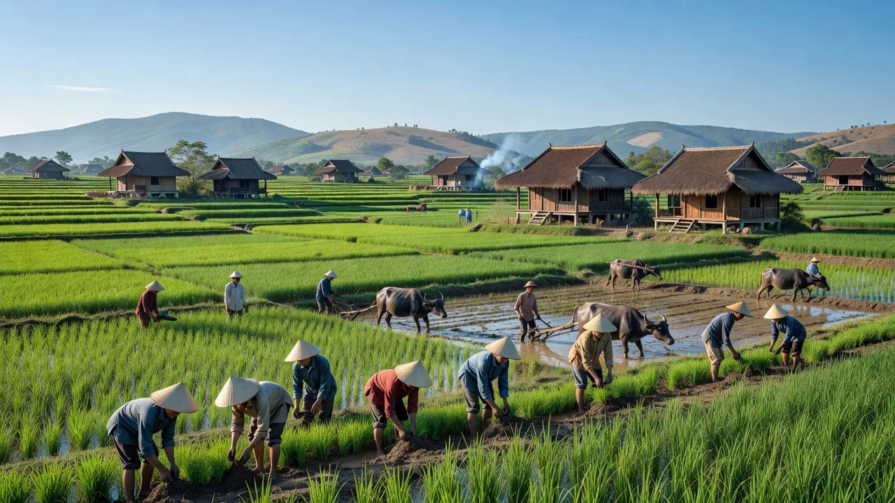 Phong cảnh tại xã Long An, huyện Long Thành, tỉnh Đồng Nai với cánh đồng xanh và nhà truyền thống.