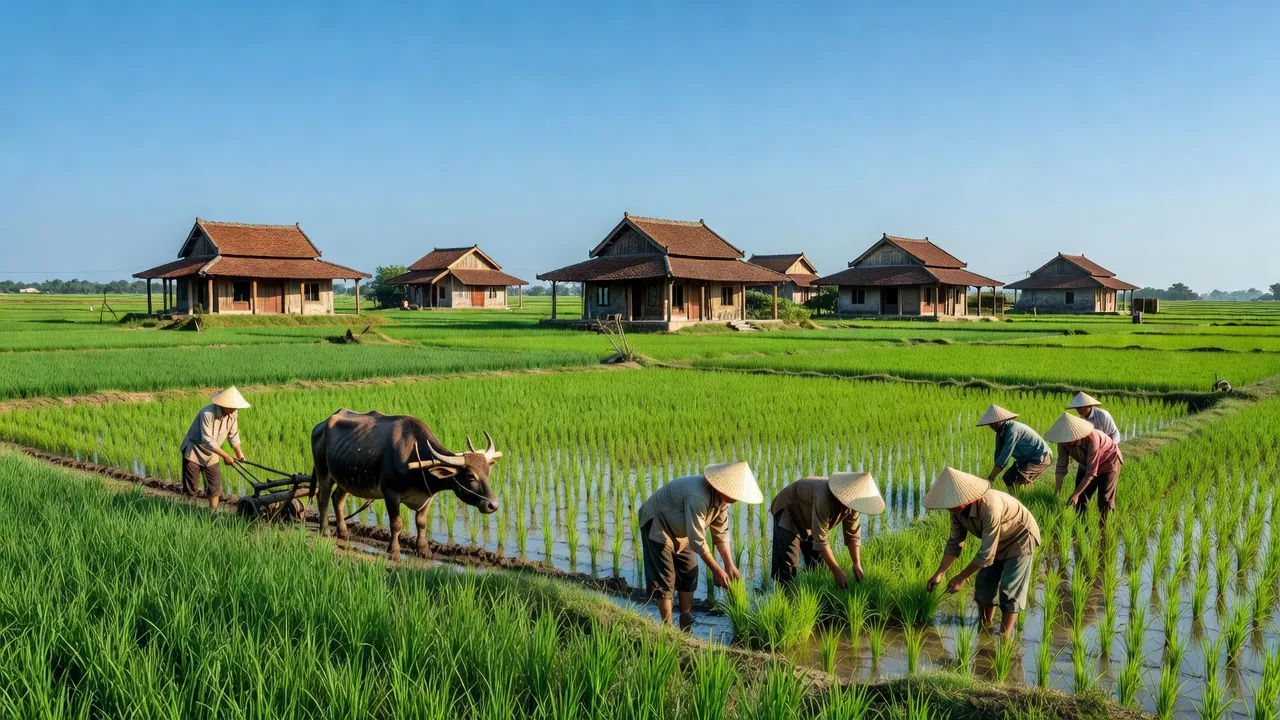 Cảnh đẹp xã Long Phước, huyện Long Thành, Đồng Nai với cánh đồng xanh và phong cách kiến trúc Việt Nam.